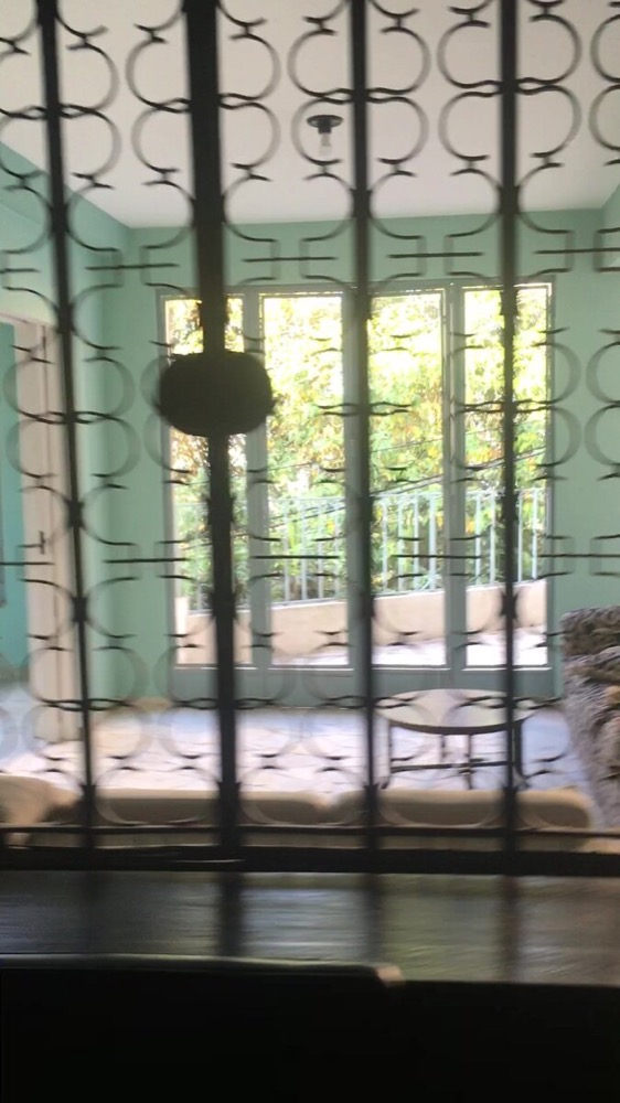 Wider view through the ornate ironwork into the mint-green room