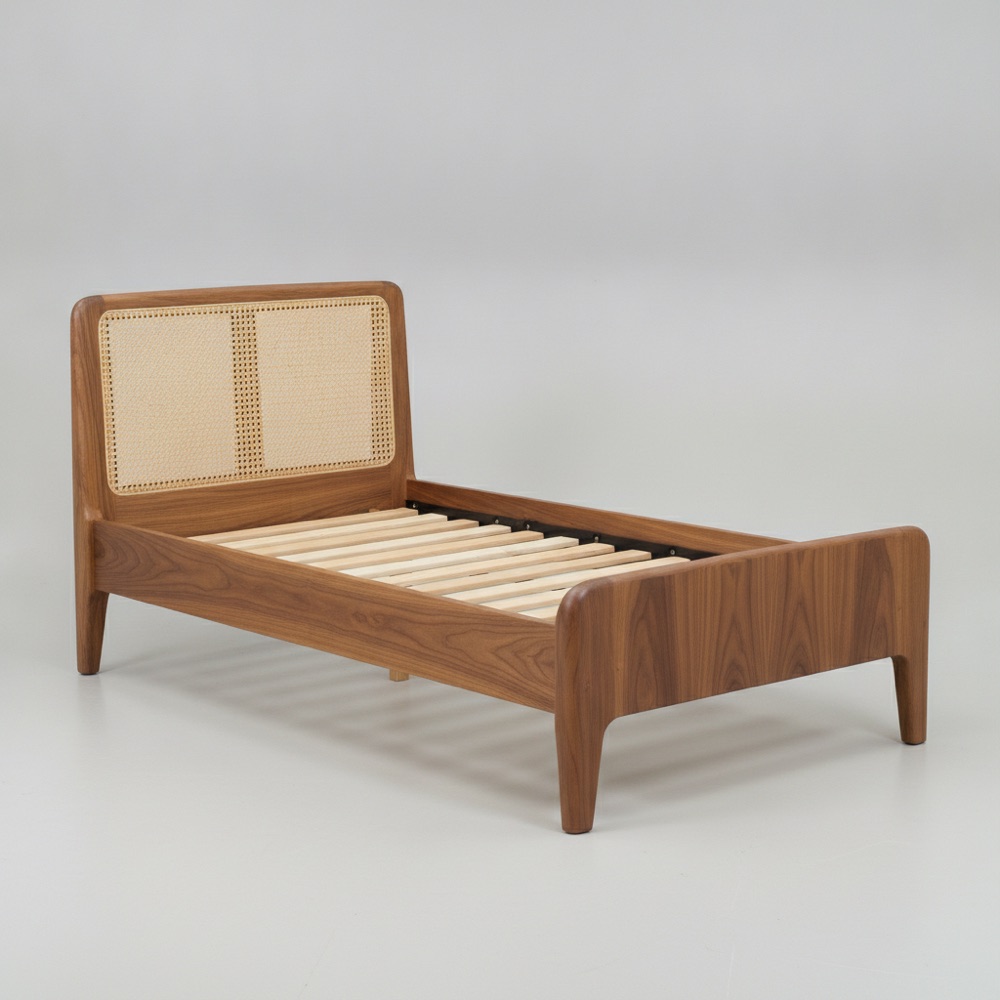 Solid walnut bed frame with cane headboard