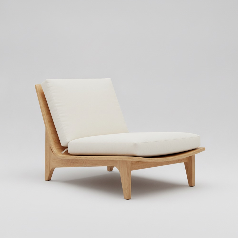 Light-wood outdoor lounge chair with cream cushion