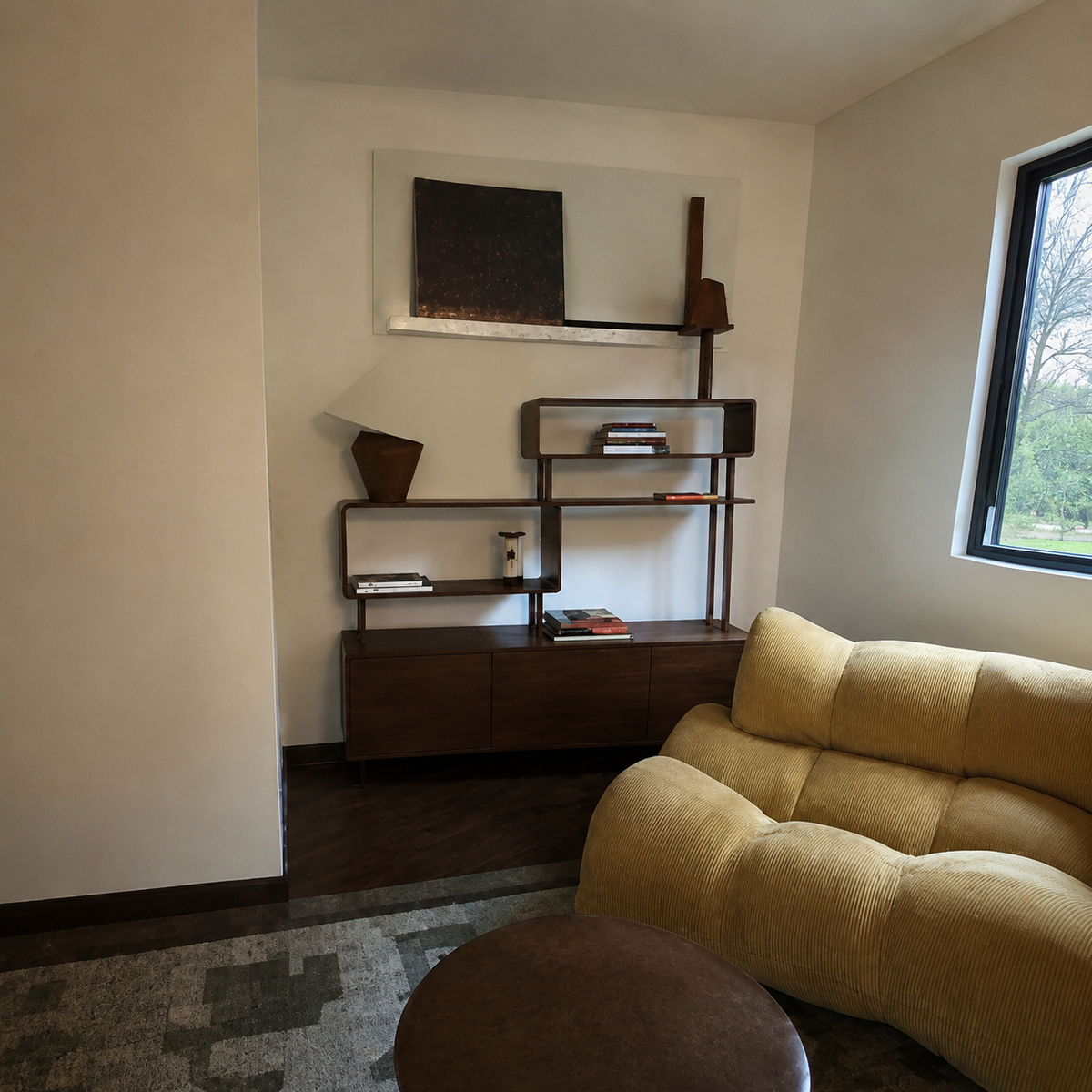 Bedroom sitting nook with mustard tufted sofa
