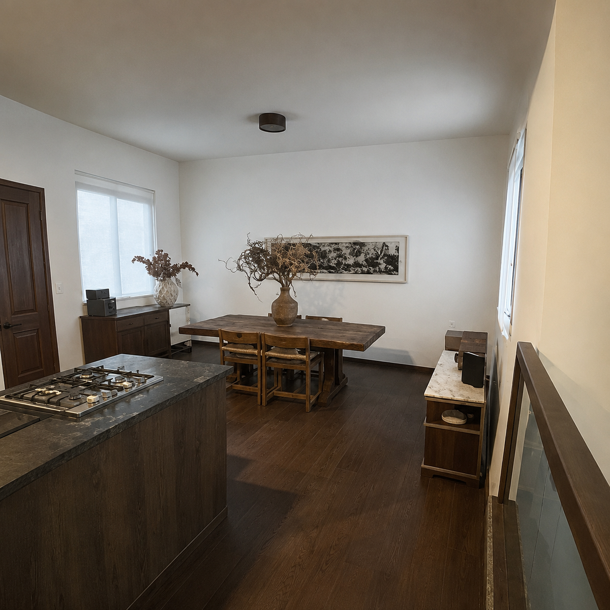 Open-plan kitchen counter and dining table