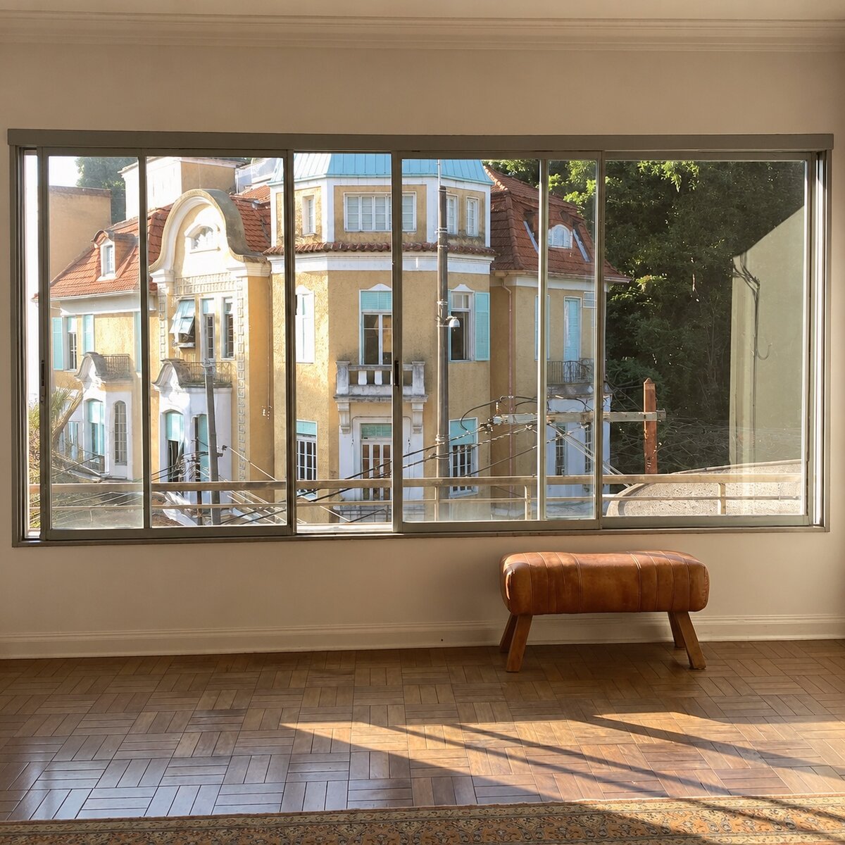 Leather bench and large windows overlooking Santa Teresa rooftops