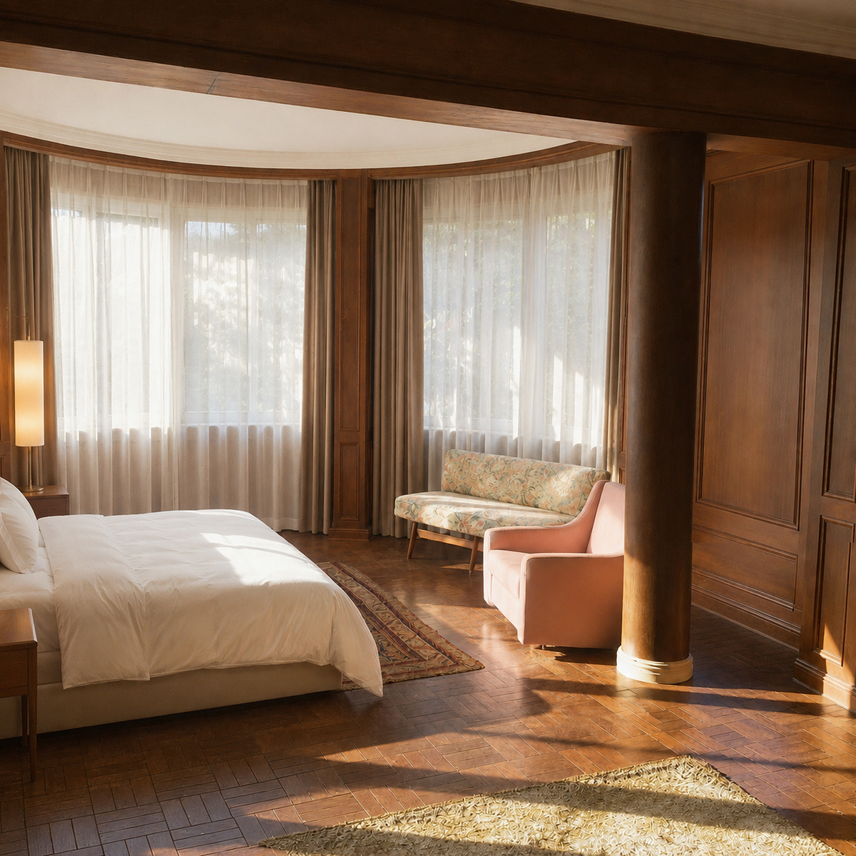 AI visualization of the same room with hotel bedding, curtains, bedside table, and floor lamp added