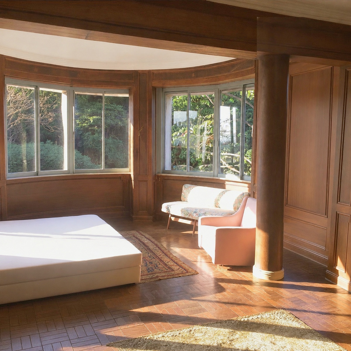 Bay-window room with bare mattress and vintage sofa suite, no bedding or curtains