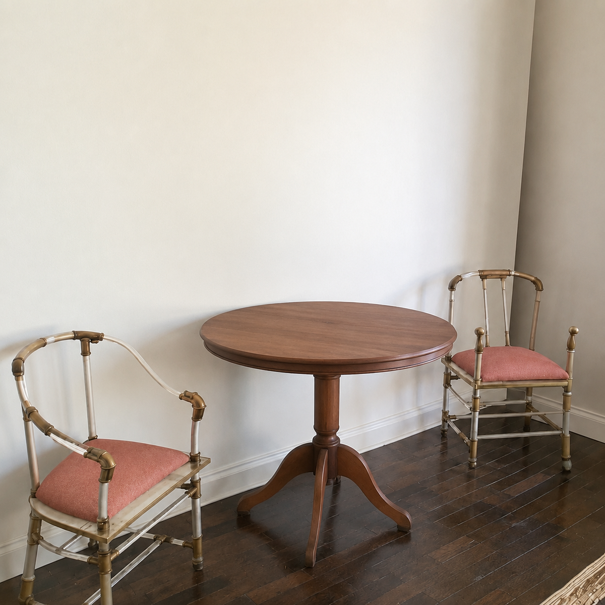 AI visualization of the same armchairs with the side table swapped for a round dining table