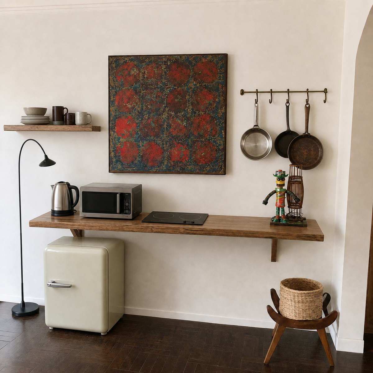 AI visualization of the same wall with a compact kitchen shelf, cooktop, microwave, hanging pots, and a vintage-style mini-fridge added