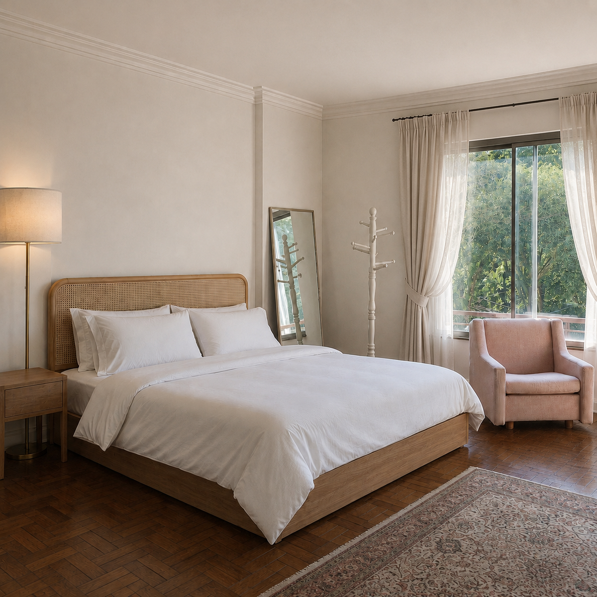 AI visualization of the same room with a king cane-headboard bed, hotel bedding, bedside table, floor lamp, and rug added