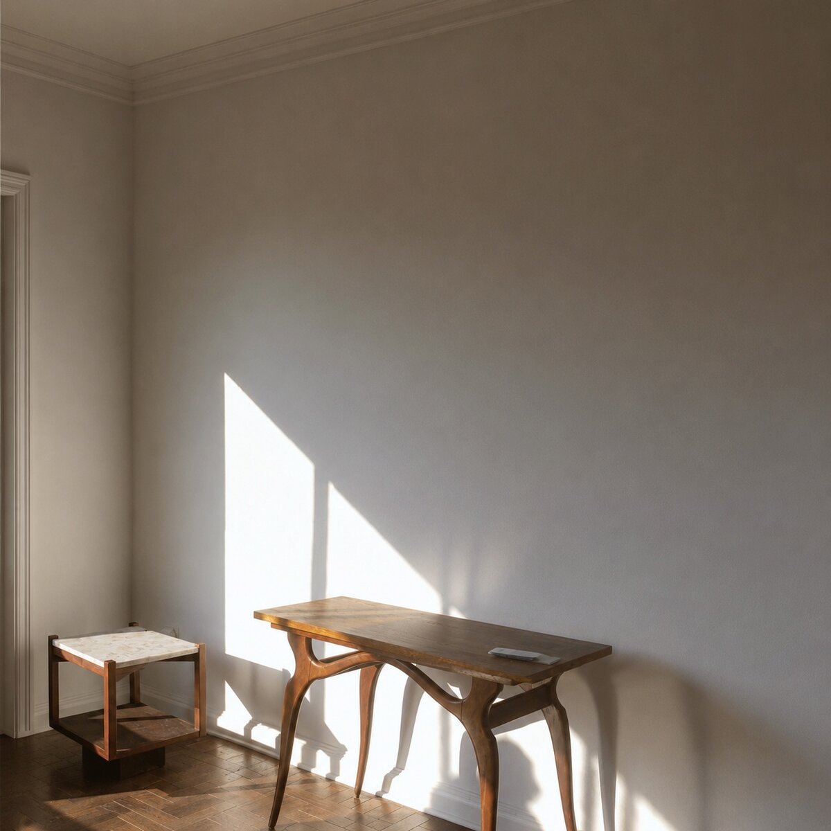 Sunlit corner with a wood desk and small side table, dramatic shadow pattern on the wall
