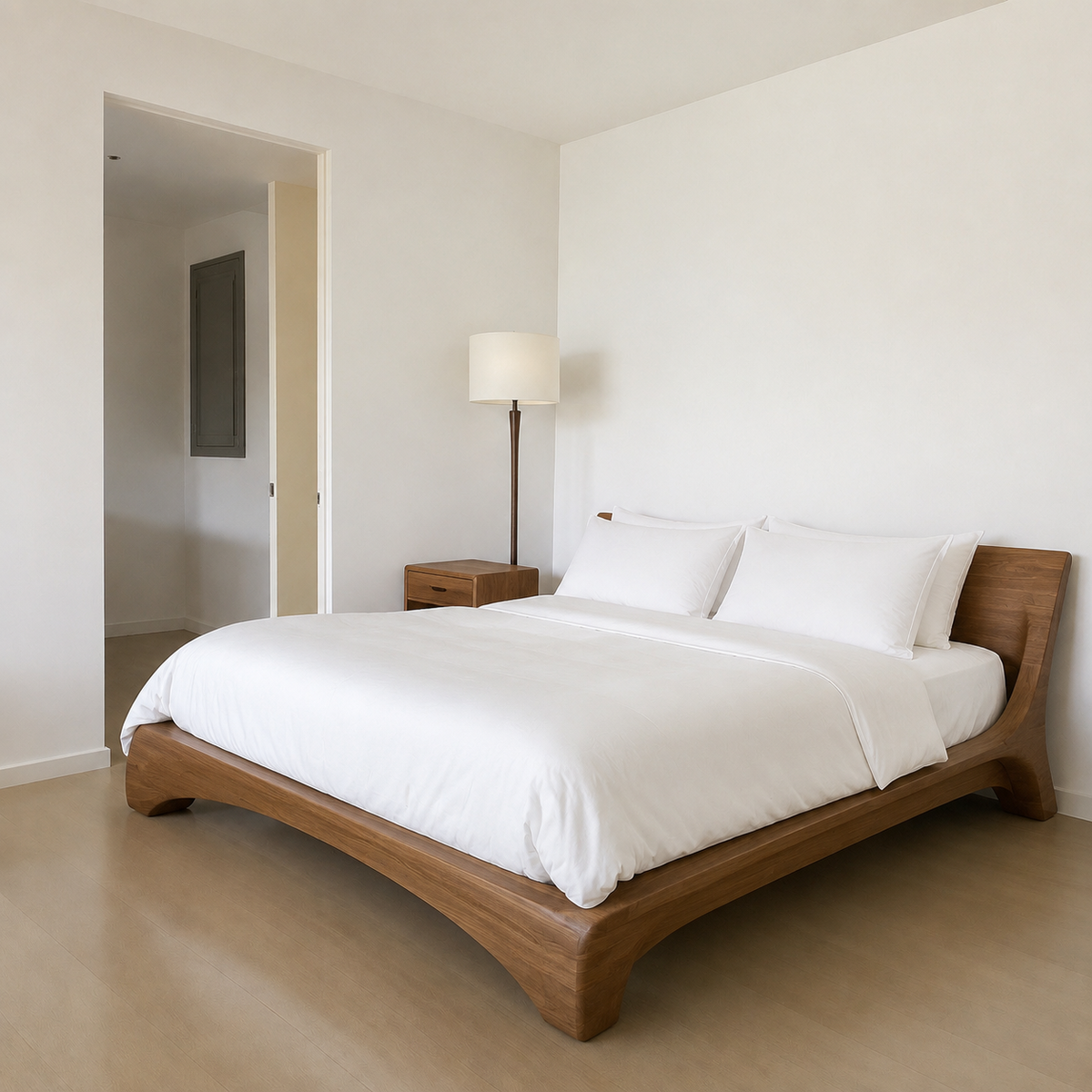 AI visualization of the same room with an upgraded branded bed frame, bedding, bedside table, and floor lamp added