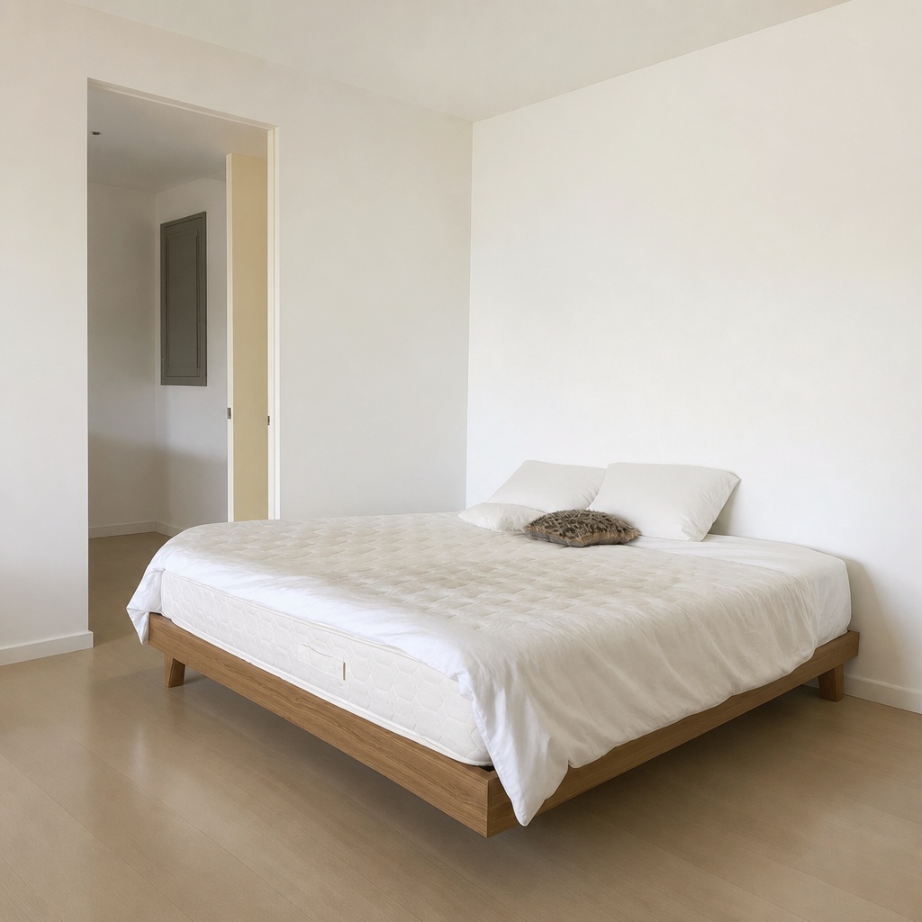 Bedroom with the existing double bed frame, no bedding or other furniture