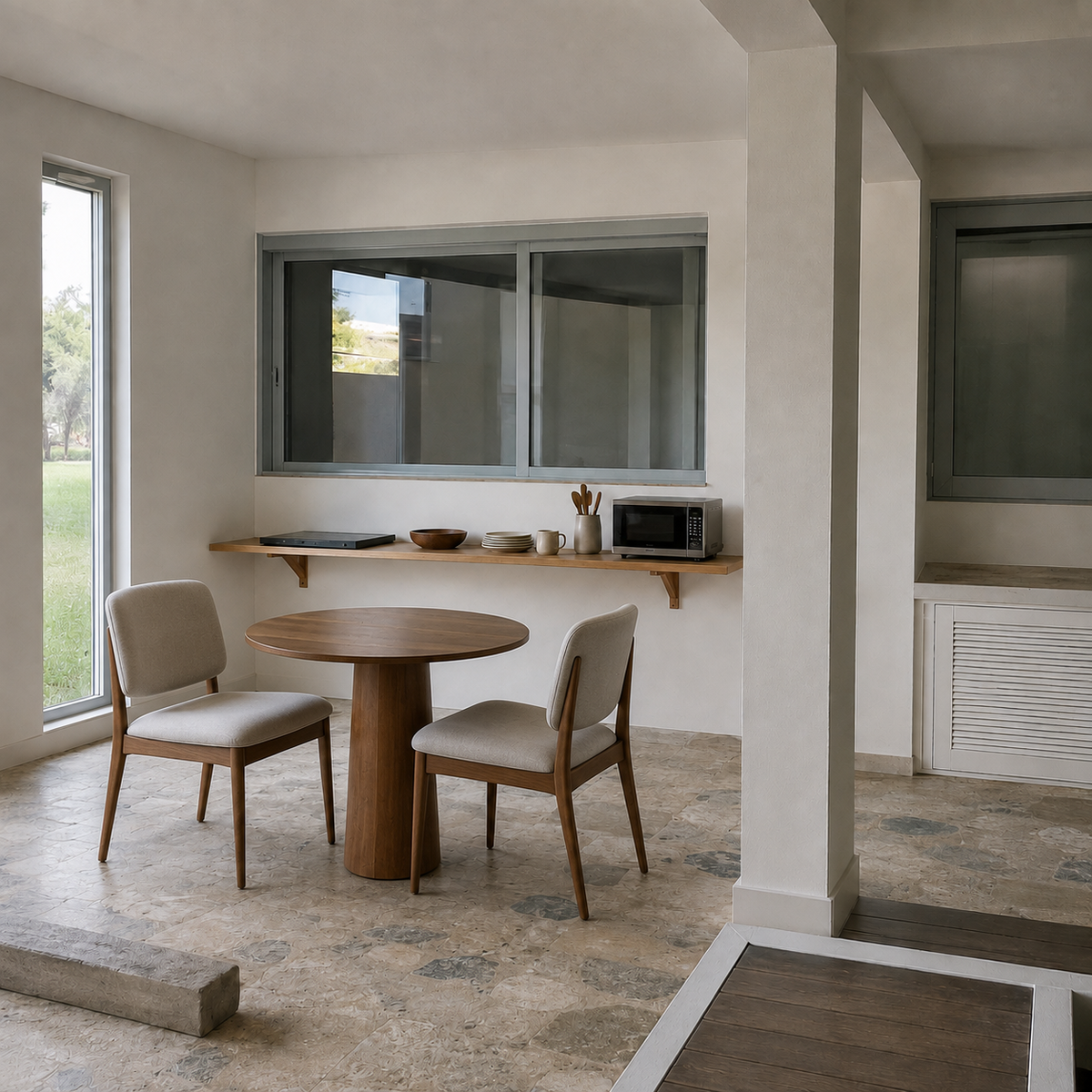 AI visualization of the same corner with a compact kitchen shelf, cooktop, microwave, and a round dining table with 2 chairs added
