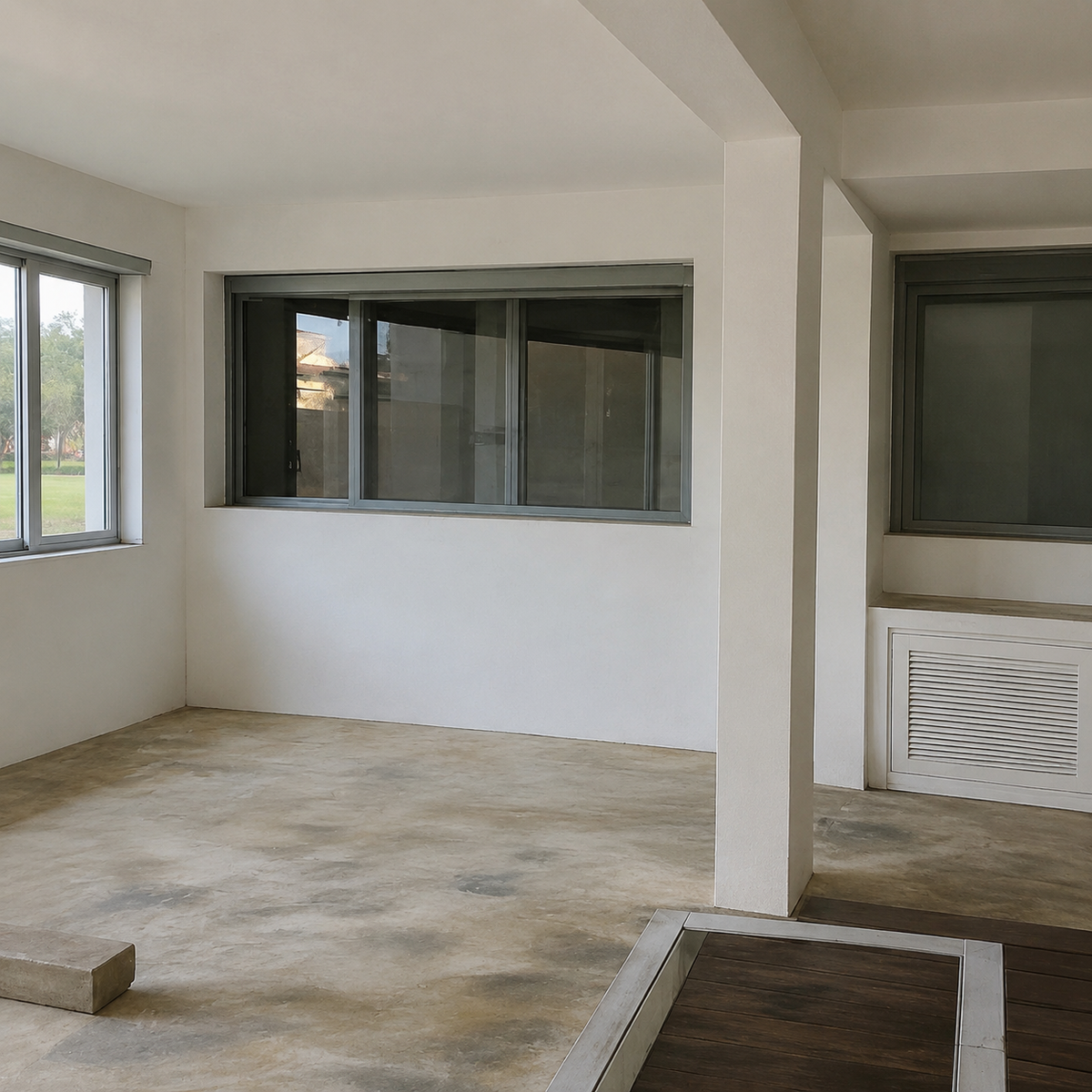 Corner room with a concrete pillar, two windows, and a stone bench, no furniture