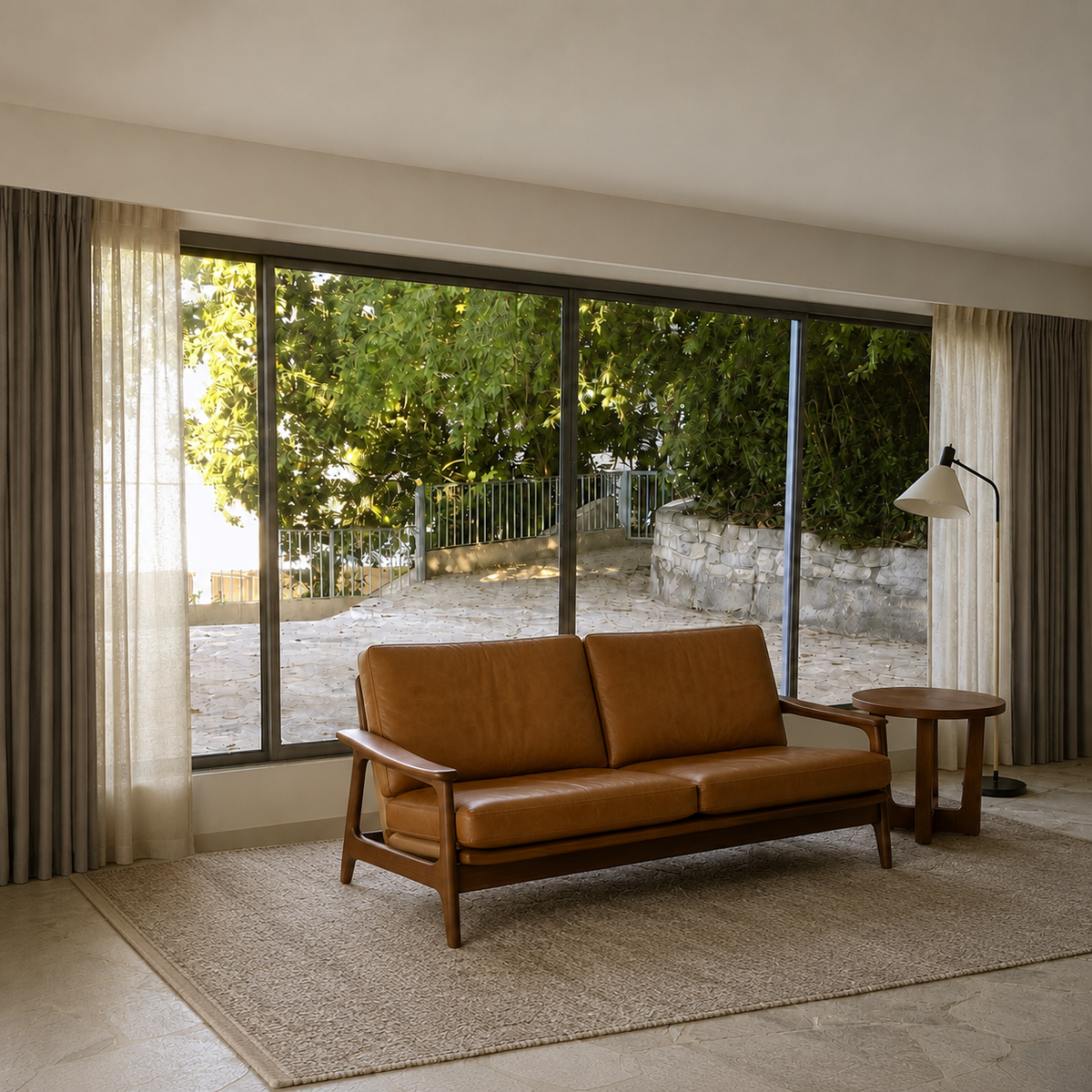 AI visualization of the same room with a compact sofa, side table, floor lamp, curtains, and rug added