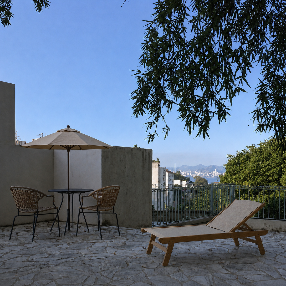 AI visualization of the same terrace with a 2-chair seating set, umbrella, and a reclining deck chair added