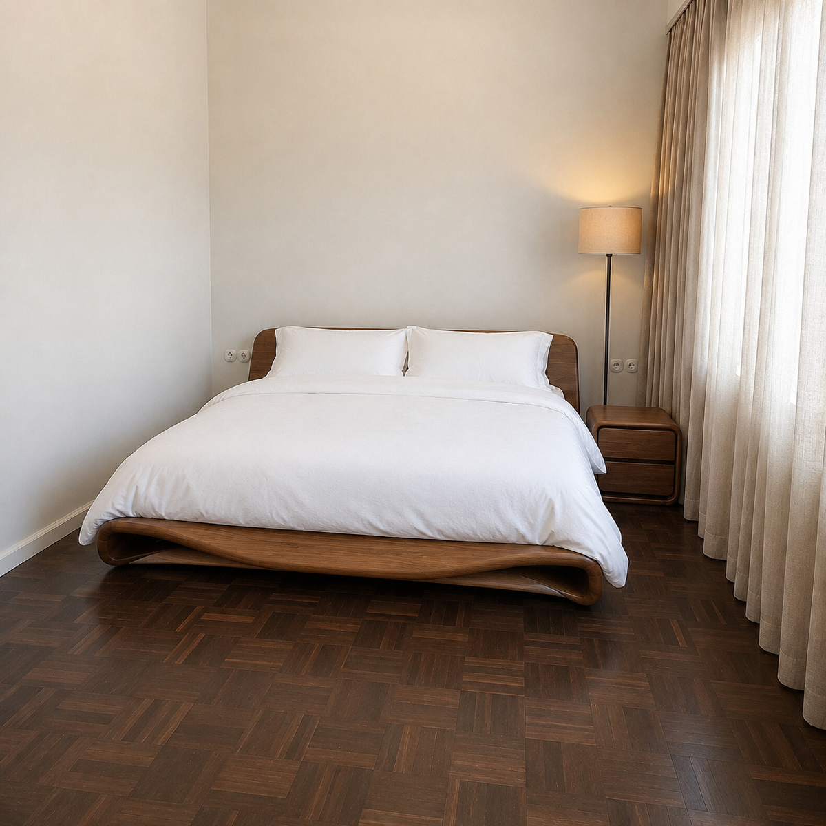AI visualization of the same room with hotel bedding, bedside table, and floor lamp added