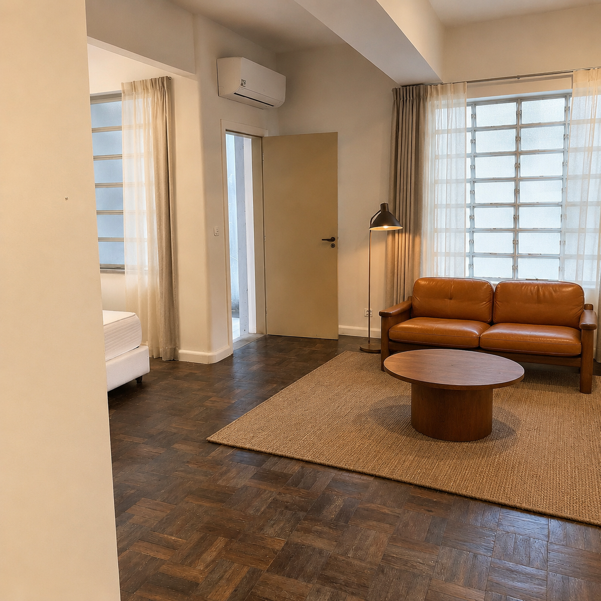 AI visualization of the same entrance with a sofa, coffee table, lamp, curtains, and rug added