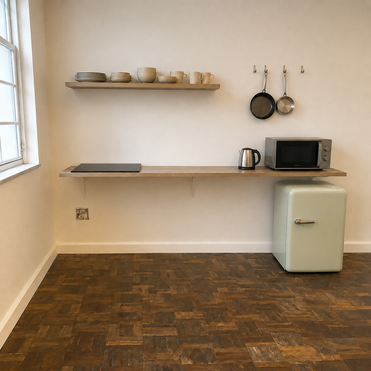AI visualization of the same wall with a compact kitchen shelf, cooktop, microwave, hanging pots, and a vintage-style mini-fridge added