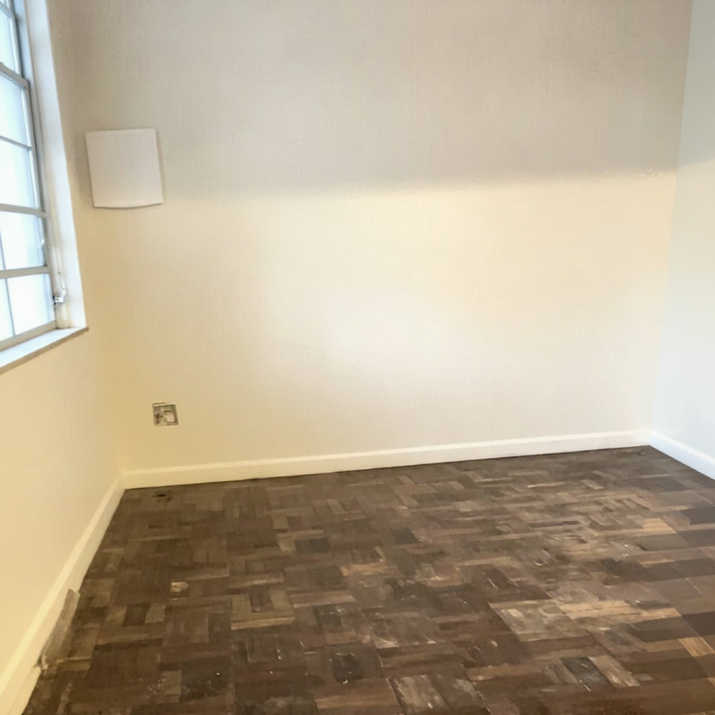 Bare wall with window and AC vent, dark parquet floor, no furniture