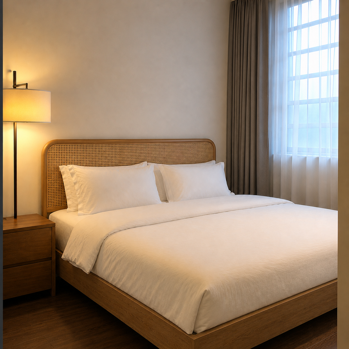 AI visualization of the same room with an upgraded vintage cane-headboard bed frame, hotel bedding, curtains, bedside table, and floor lamp added