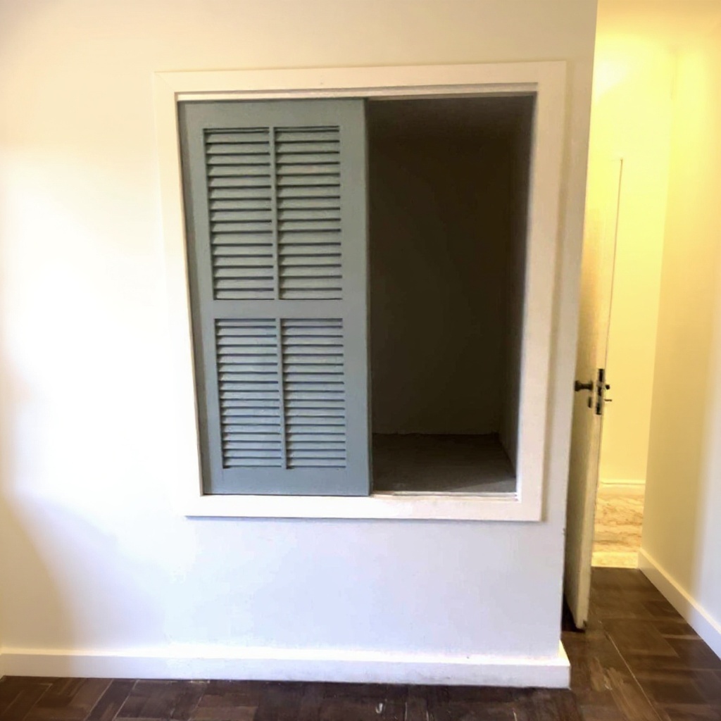 Built-in hallway closet with louvered sliding door, empty interior
