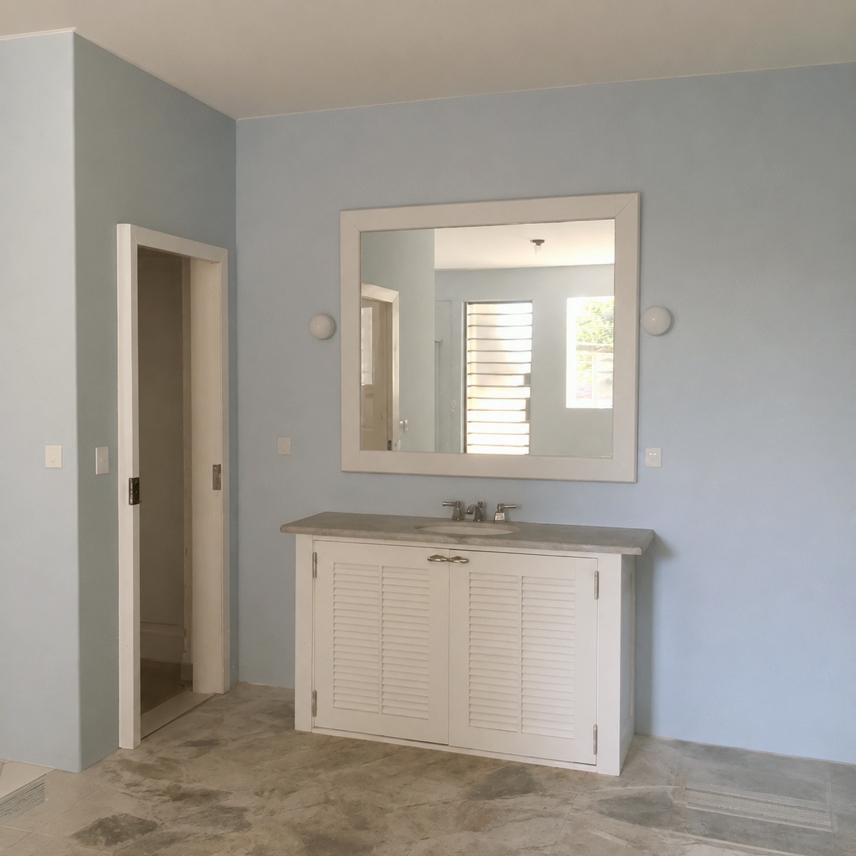 Bathroom vanity with mirror and louvered cabinet doors