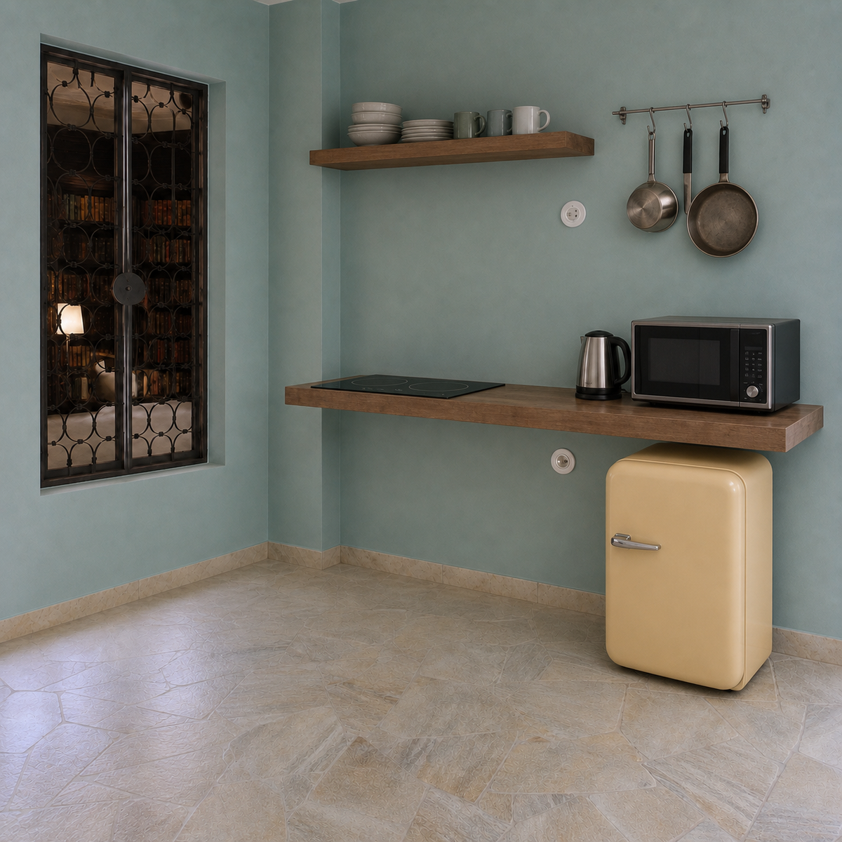 AI visualization of the same corner with the real interior window featured, plus a compact kitchen shelf, cooktop, microwave, and hanging pots added