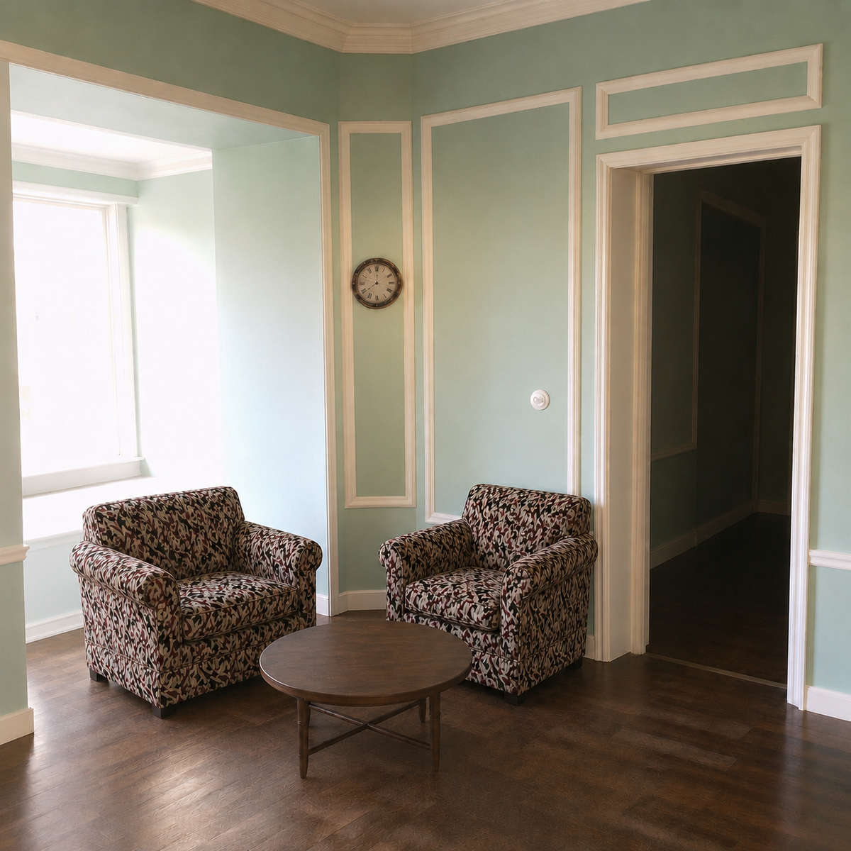 AI visualization of the same entrance hall with two single-seat armchairs and a coffee table added