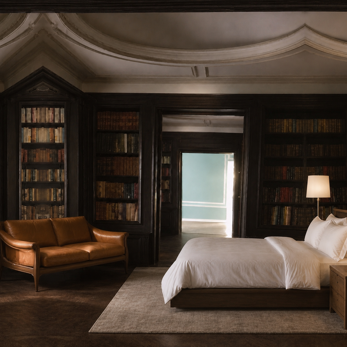 AI visualization of the same library room with a king bed, sofa, bedside table, and floor lamp added