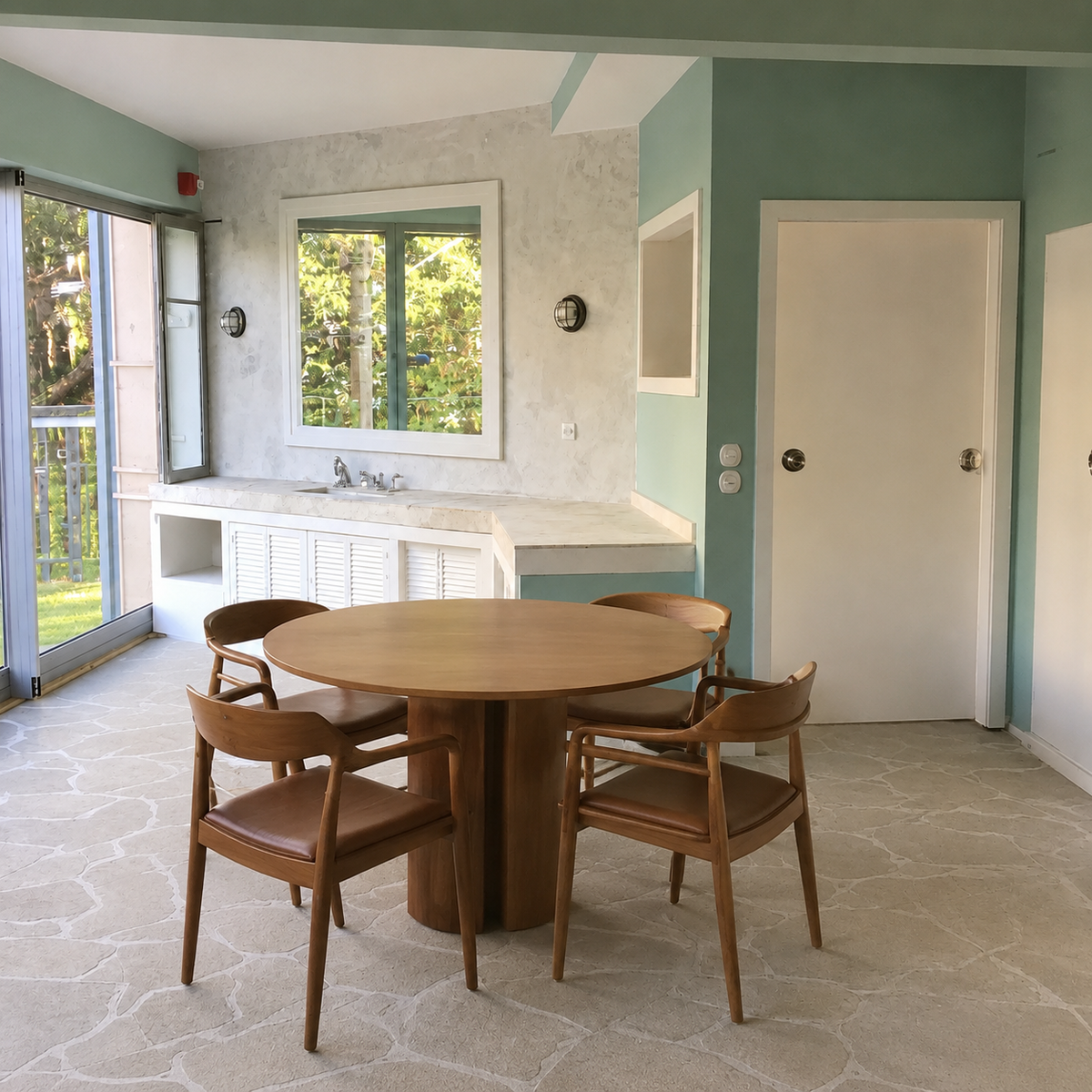 AI visualization of the same kitchen with the sofa replaced by a round dining table and 4 chairs