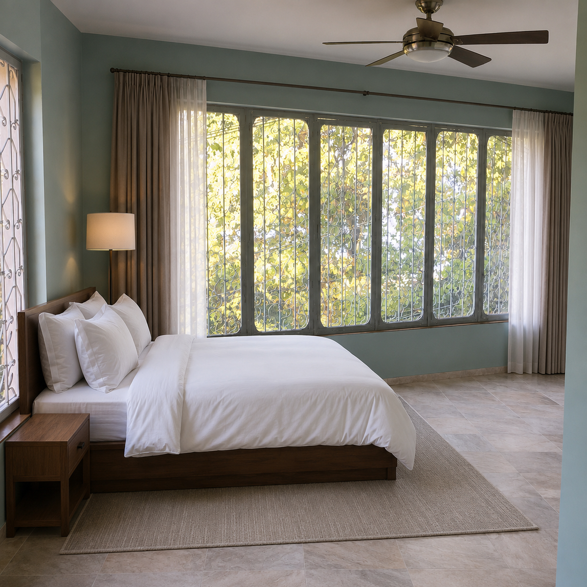 AI visualization of the same room with a king bed, bedside table, floor lamp, and rug added