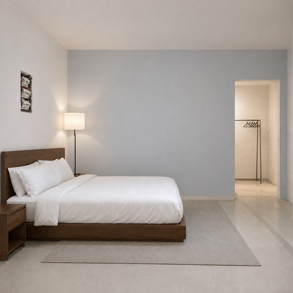 AI visualization of the same corner with a king bed with matching walnut headboard, bedside table, floor lamp, and a clothing rack visible through an adjoining closet doorway