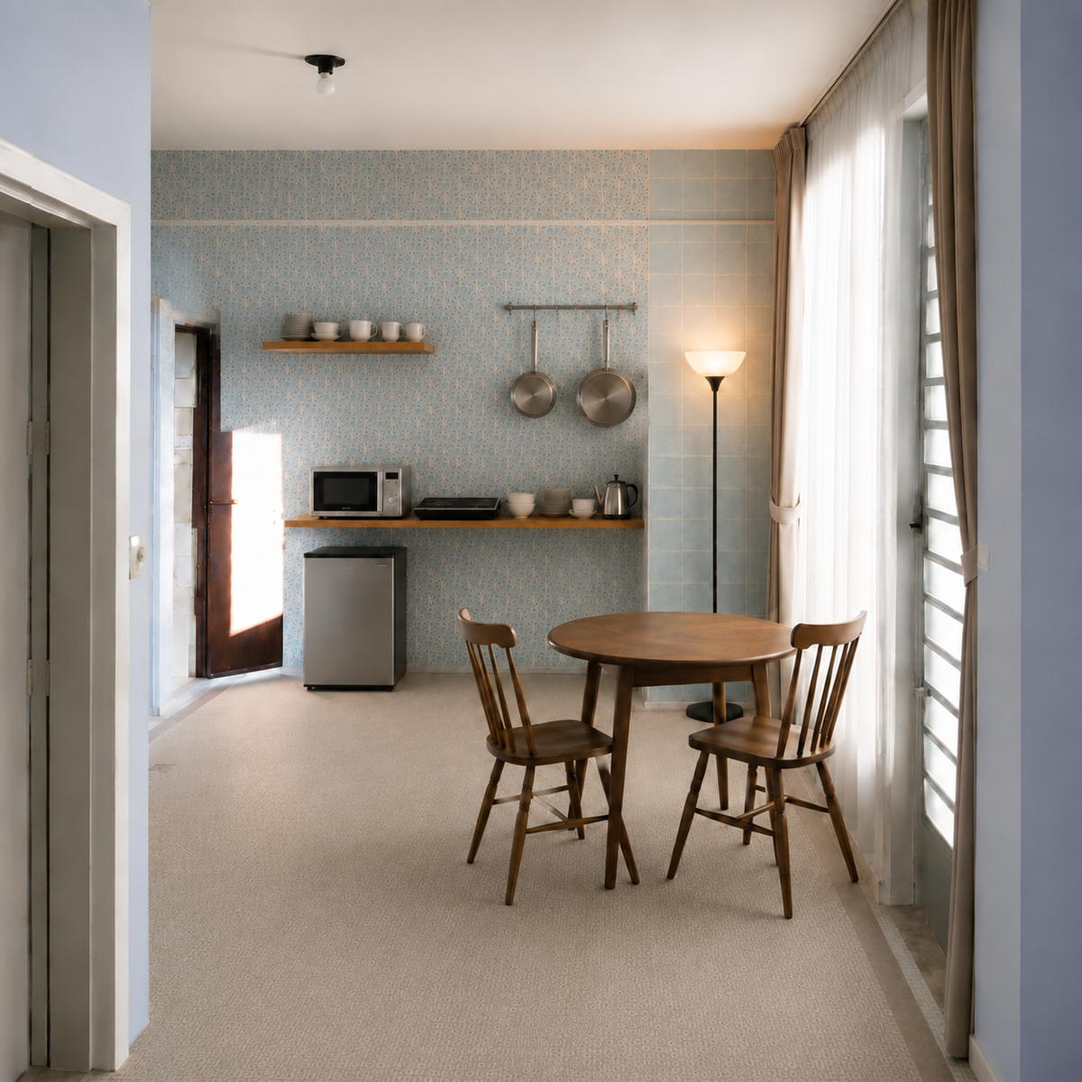 AI visualization of the same room with a dining table and chairs, a compact kitchen shelf, and curtains added