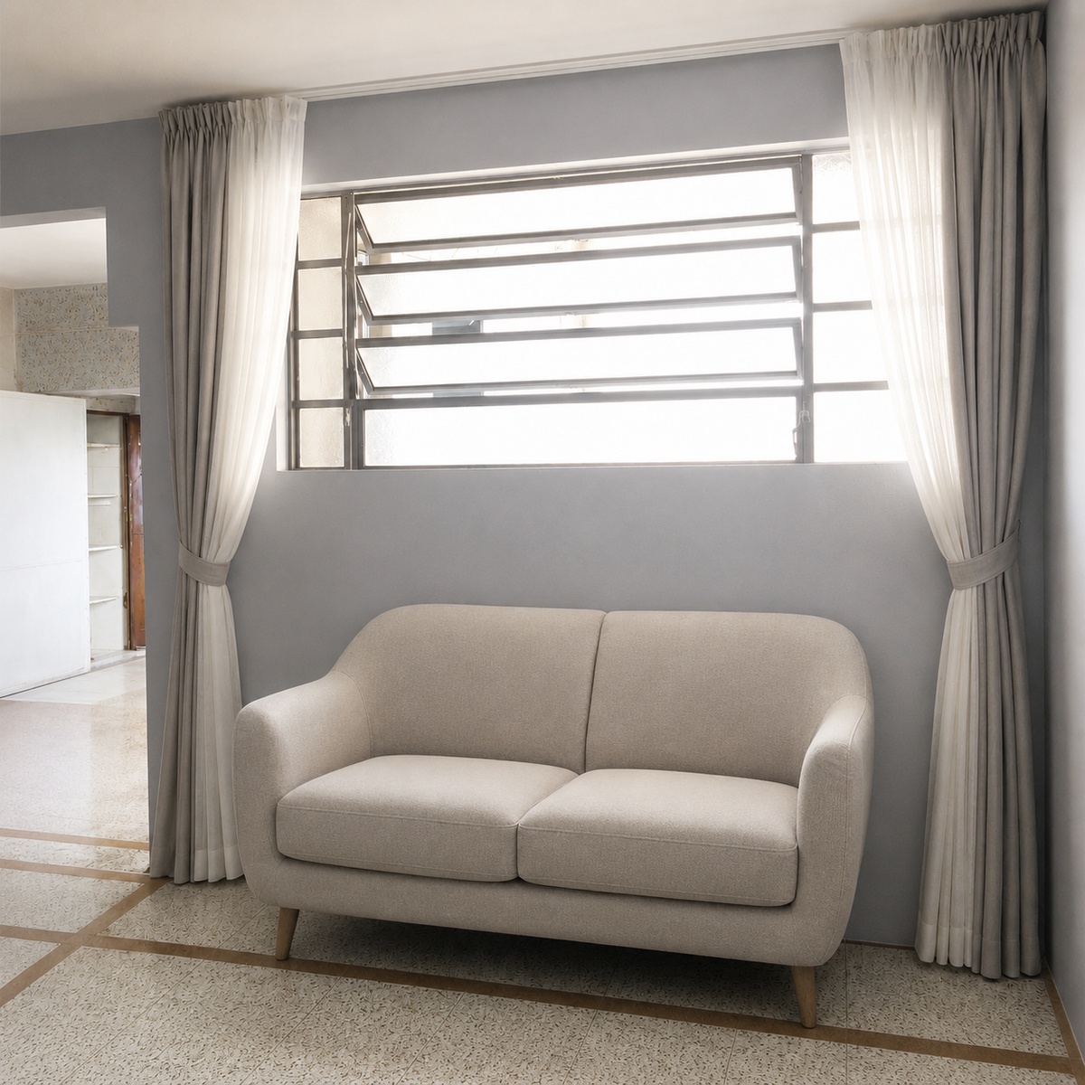 AI visualization of the same window repaired, brightened, with floor-to-ceiling curtains and a 2-seat sofa added