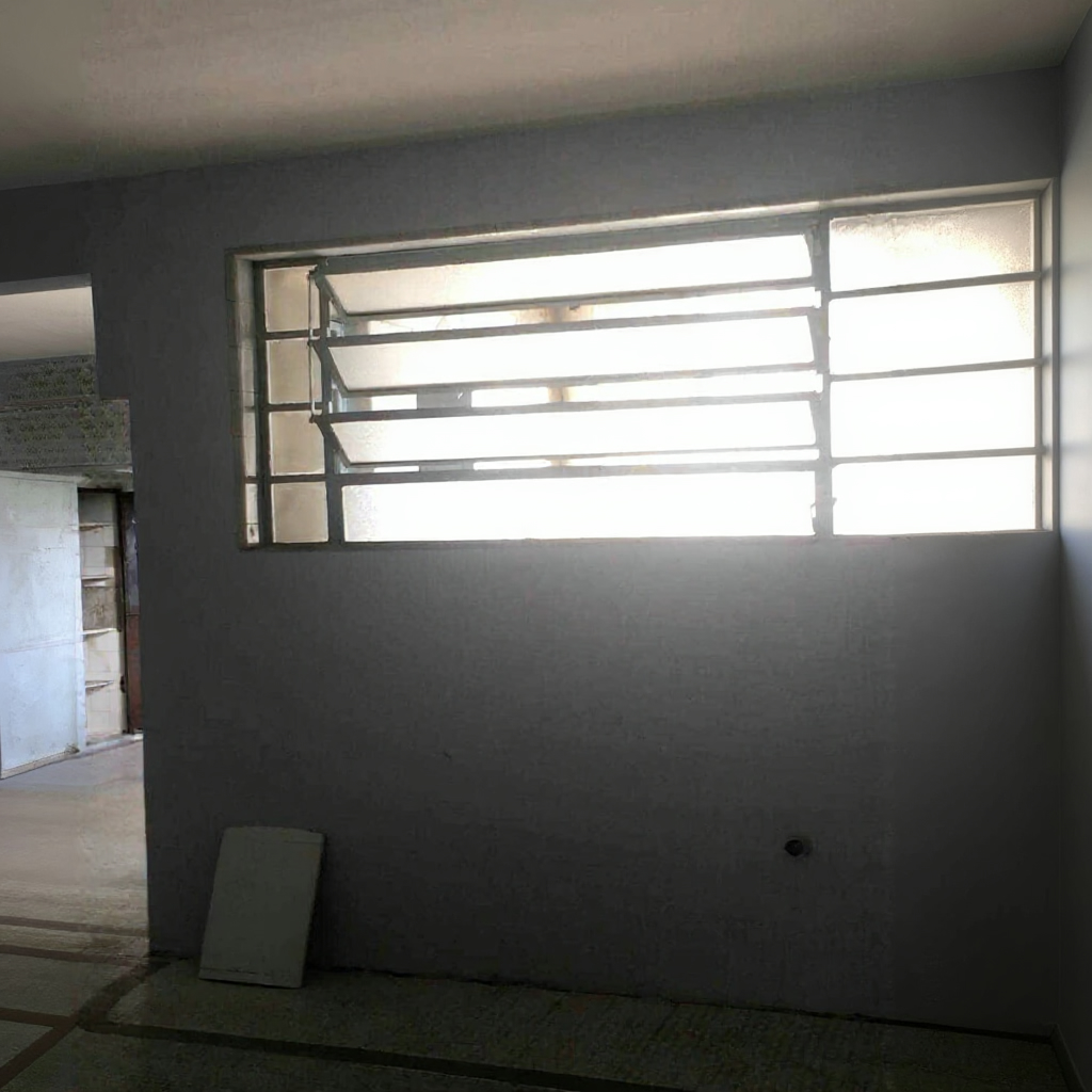 Jalousie window needing repair, bare wall, no curtains